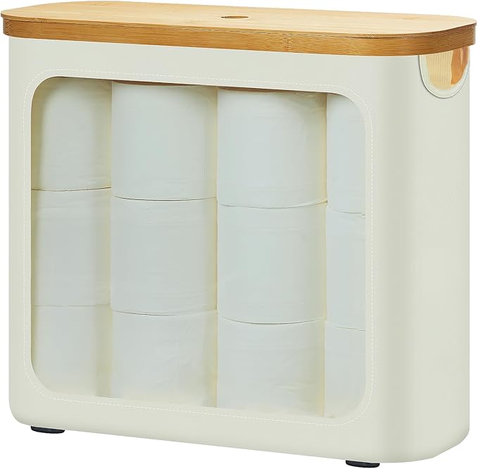 ROSOS Toilet Paper Storage with Lid, Large Toilet Paper Holder for up to 12 Rolls, Free Standing Bathroom Storage Organizer with Lid, Beige