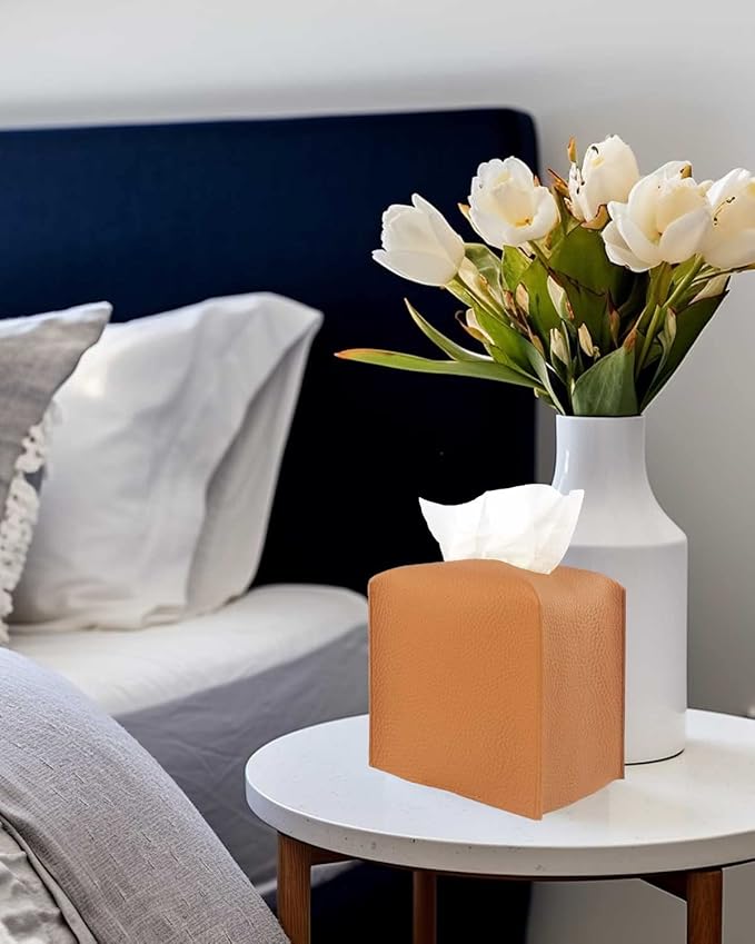 Tissue Box Holder Tissue Cover – Square Faux Leather Tissue Box Cover with Bottom Belt [JESMINI, Camel Brown] Tissues Cube Box Cover for Bathroom/Night Stands/Office