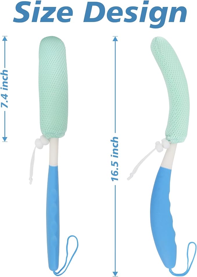 KkaFFe 15.35" Back Bath Brush with Sponge,Back Scrubber Bath Mesh with Anti-Slip Curved Long Handle Bath Body Brush for Elderly Aid Bathing and Shower