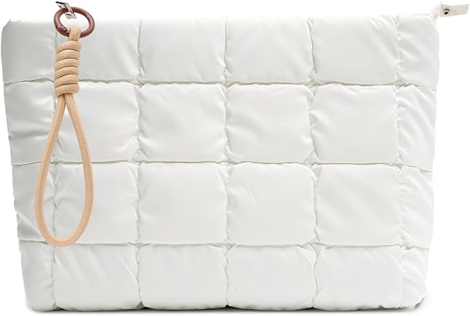 Beayuva Puffer Quilted Makeup Bag Travel Cosmetic Bag Portable Puffy Checkered Toiletry Pouch Skincare Organizer Purse Pencil Case (White)