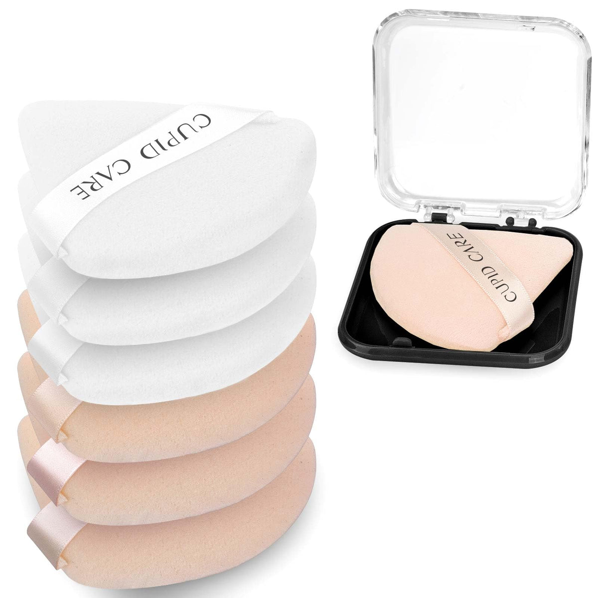 CUPID CARE 6 Pcs Triangle Powder Puff with 2 Travel Cases, Setting Powder Puffs for Face Powder and Foundation, Velour Makeup Puff for Loose Powder Body Powder, Skin-Friendly, Beauty Makeup Tools-Red