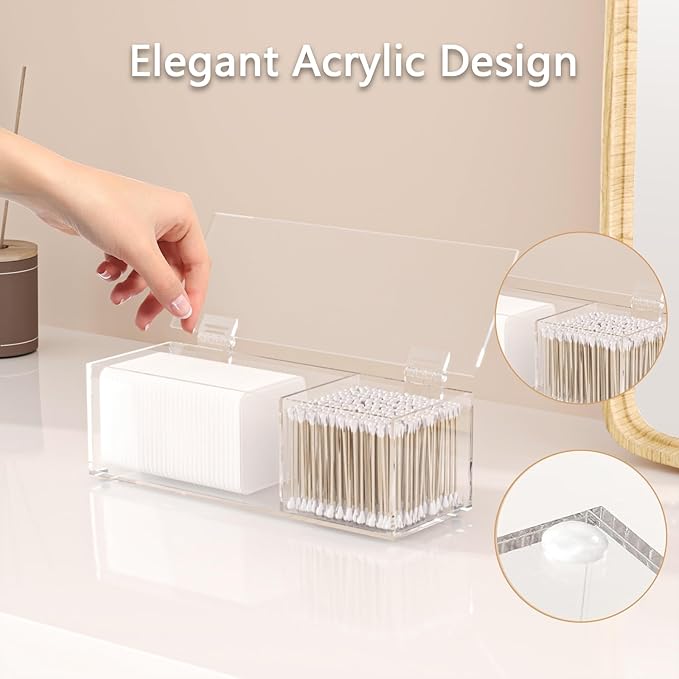 JHJFRAWY Clear Acrylic Qtip Holder for Clean Skin Club Clean² Pads Clean with Flip-Top Lid 2-Grid Canister Cotton Pad and Swab Dispenser Cotton Round Organizer for Bathroom Vanity Countertop