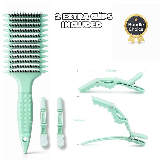 Curl Defining Brush with Hair Clips – Detangling Tool for Wet or Dry Styling, Ideal for Curly Hair, Women & Girls (Green)