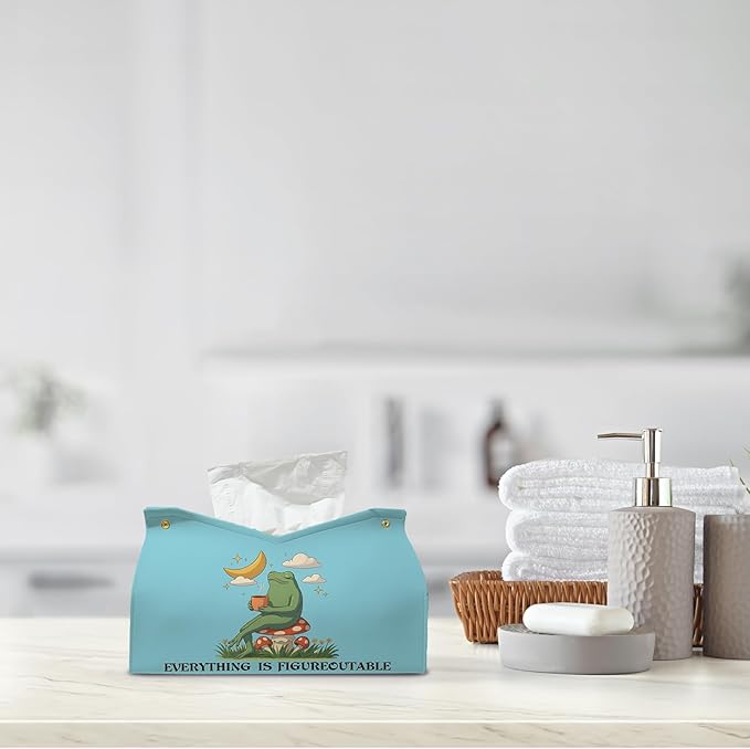 Bule Frog Motivational Tissue Box Cover,Mental Health Inspirational Toilet Paper Box Holder,Leather Decorative Facial Paper Case for Living Room Bathroom Kitchen Office Desk,9.8x5.9x5.9