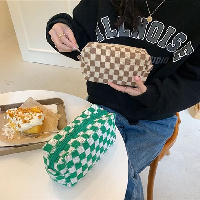 SxoSyo 2 Pcs Checkered Cosmetic Bags, Small Makeup Bag Purse, Green