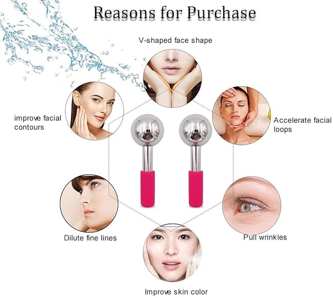 ICE Globes for FACIALS by FABELEGANTE' | Unbreakable Stainless Steel Magic Cooling Beauty Facial Ice Globes for face, Neck & Body | Cryo Sticks & Cold Roller for face Puffiness Set of 2 (Pink)