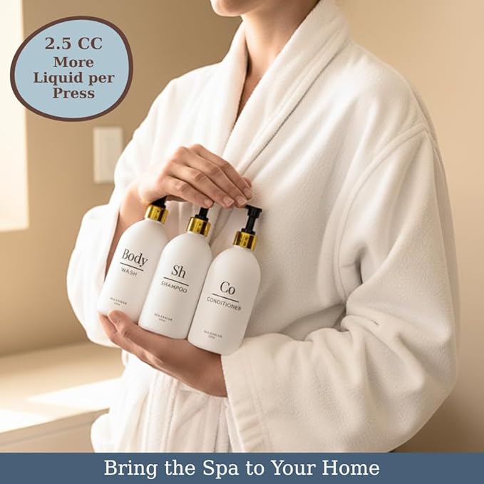 Milanmar Shampoo & Conditioner Shower Dispenser Set, Pearl White - Empty Matte Plastic Bottles, 16.9 oz Pump Containers, Luxury Bathroom Decor, 3 Pack for Spa, Airbnb [White-Gold]