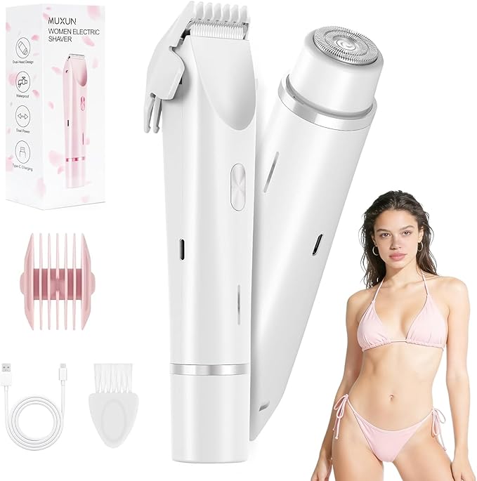 Bikini Trimmer for Women-2 in 1 Dual Head Electric Razors,USB Rechargeable Bikini Electric Shaver,IPX7 Waterproof Dry & Wet Use Body Hair Trimmer and Facial Hair Remover for Underarm Leg Body,White