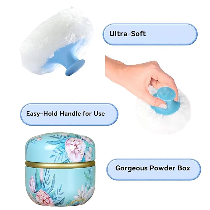 Body Powder Puff and Container, 3.35" Portable Dusting Powder Container with Soft Puff Loose Powder Case Box Jar with Lids for Baby Women Home and Travel Use