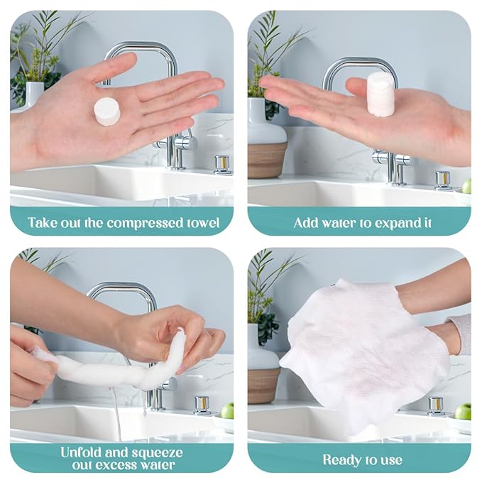 AIDEA Compressed Towels, Mini Portable Coin Face Towels, 100pcs Disposable Compressed Tissues for Travel, Camping, Home and Outdoor Activities
