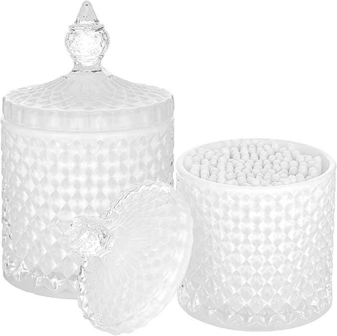 2 Pack Qtip Holder Apothecary Jars with Lid, Thick Glass, White