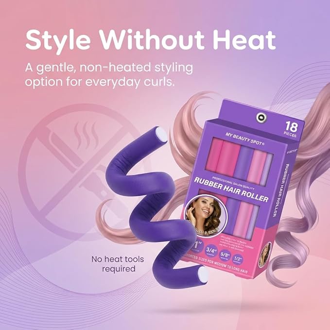 My Beauty Spot Flexi Rods Foam Hair Rollers -1/2" 5/8" 3/4" 1" Diameter- Professional Salon Quality 18 Pcs Rubber Hair Rollers for Long, Medium, and Short Hair, Hair Curlers to Sleep in for Women