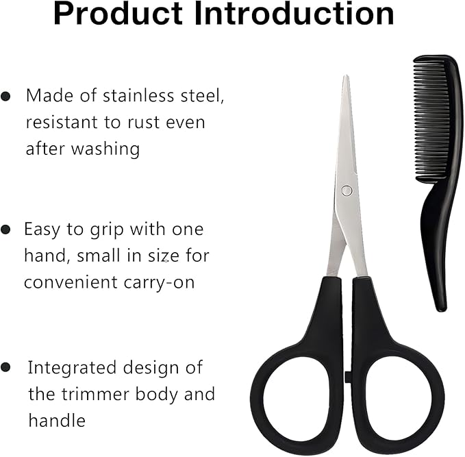 2 Pack Men's Beard & Mustache Scissors & Mini Comb Trimming Kit Black 4 inch