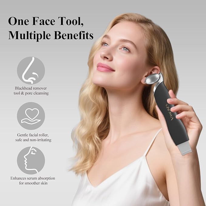 Vangines Blackhead Remover Tool with Ice Roller, Stainless Steel Face Scraper, Skin Scrubber Face Spatula for Deep Cleansing, 3-in-1 Skin Care Tool with 2 Silicone Brush Heads (Charcoal Black)