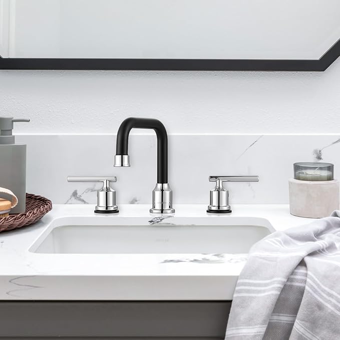WOWOW Black and Chrome Bathroom Sink Faucet, Widespread Bathroom Faucet 3 Hole Vanity Tap 8 Inch Bathroom Tap with Pop Up Drain Assembly & cUPC Supply Lines, 2 Handle Basin Faucet Modern