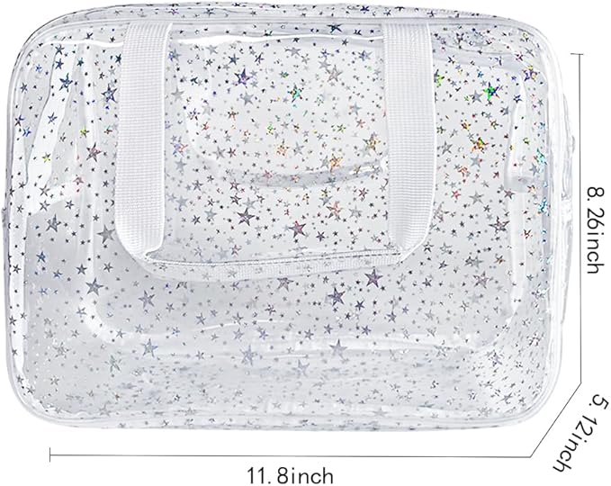 TotePrint Holographic Star Transparent PVC Cosmetic Bag Clear Makeup Toiletry Carry Pouch Clear Travel Pouch Storage Bag for Vacation Bathroom and Organizing