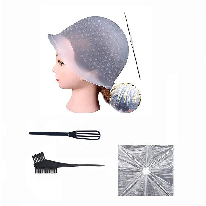 Silicone Highlight Caps for Color Hair 5 Pcs, Reusable Highlighting Caps with Hooks & Salon Hairdressing Dyeing Staining Tools Set for Women Men