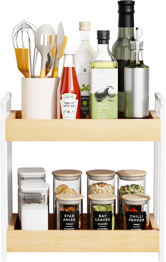 KLM Countertop Coffee Station Organizer, 2 Tier Wooden Shelf for Coffee Bar Accessories, Condiment Storage Caddy for Kitchen, Bathroom Counter Organizer, Home, Office - Natural