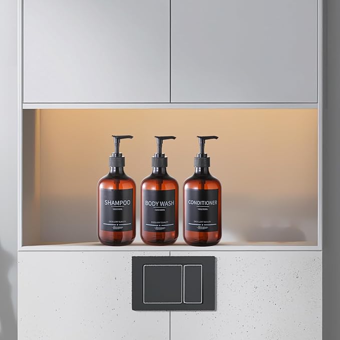 Mithrgrous 5Pack Amber Shower Bottles Refillable with Labels,16.9oz(500ml) Reusable Shampoo and Conditioner Bottles,Shampoo Dispenser Bottles