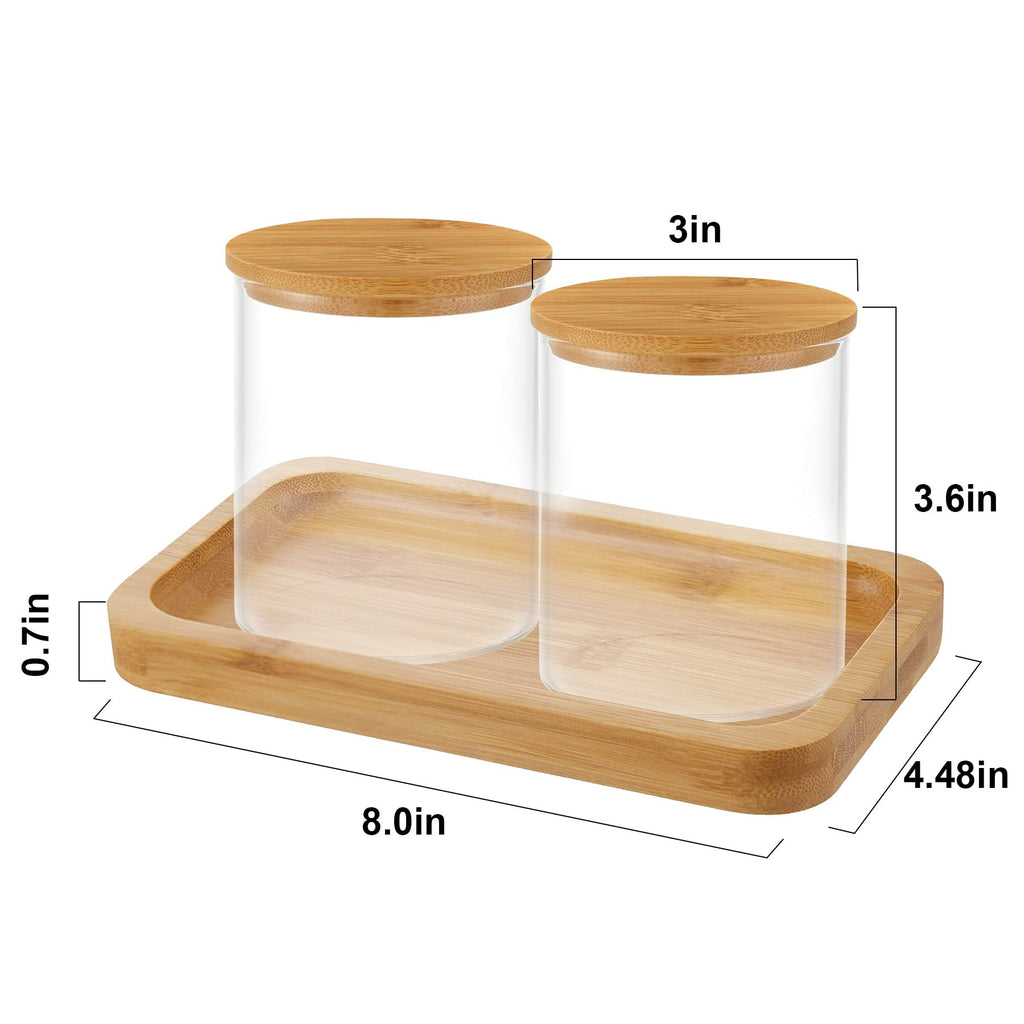 BKYFPQ Bamboo Vanity Tray, Bathroom Tray Organizer Glass Qtip Holder Dispenser Apothecary Jars for Cotton Swabs Balls, Round Pad, Perfume Candles, Cosmetics and Jewelry Storage Organizer