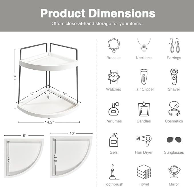 Forbena Corner Bathroom Organizer Countertop, 2Tier Sink Corner Shelf Stand for Kitchen Counter, Modern Coffee Bar Organizer Station, Round Vanity Tray for Men Desk Organization -White and Grey