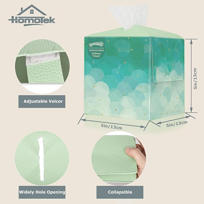 HOMOTEK 2 Pack Tissue Box Cover, Square PU Leather Tissue Holder, Decorative Facial Tissue Cube Paper Organizer Dispenser for Bathroom, Night Stands, Desk, Car 5X5X5'' - Mint Green, Pebble Grain
