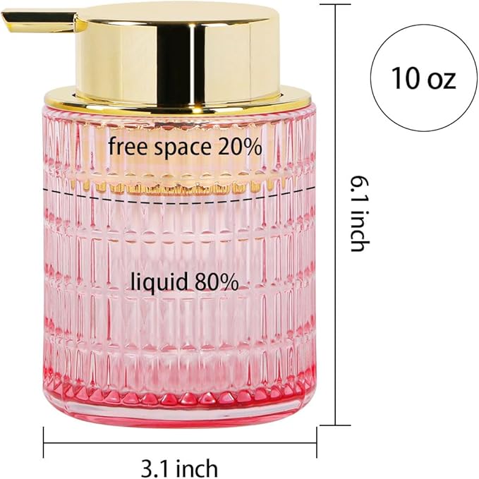 Tonxus Foaming Soap Dispenser, Pink Glass Foam Soap Dispenser for Bathroom and Kitchen, 10 Oz Refillable Foaming Pump Bottle with Large Pump, Ribbed Bottle Container Decor