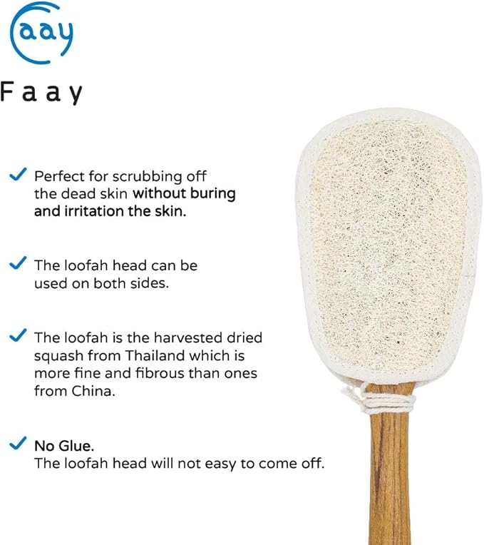 FAAY 17 Inch Natural Exfoliating Loofah Back Scrubber On a Stick with Luffa Sponge Pads Refills – Long Handle Loofa Body Bath & Shower Brush for Men & Women