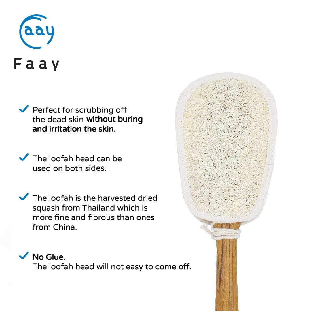 FAAY 17 Inch Natural Exfoliating Loofah Back Scrubber On a Stick with Luffa Sponge Pads Refills – Long Handle Loofa Body Bath & Shower Brush for Men & Women