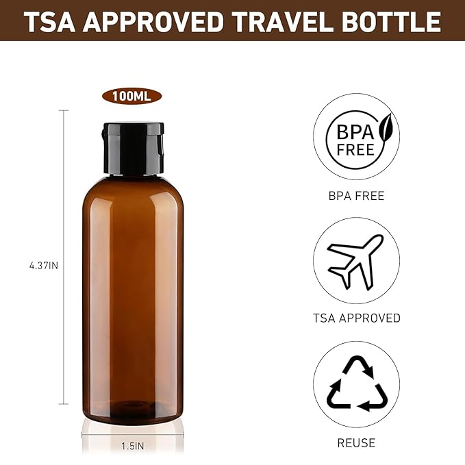 Wowang Travel Bottles for Toiletries 3.4oz 4 Pack TSA Approved Leak-Proof Travel Size Containers Squeezable Empty Plastic Toiletry Bottles for Shampoo, Conditioner, Body Wash (Brown)