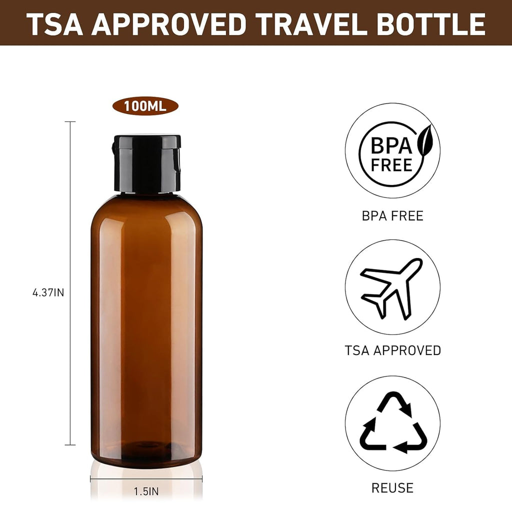 Wowang Travel Bottles for Toiletries 3.4oz 4 Pack TSA Approved Leak-Proof Travel Size Containers Squeezable Empty Plastic Toiletry Bottles for Shampoo, Conditioner, Body Wash (Brown)
