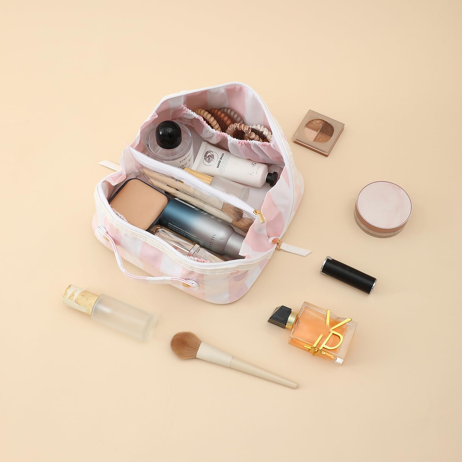 DYSHAYEN Stripe Travel Makeup Bag with Compartments Clear Coated Cosmetic Bag for Women, Waterproof Portable Open Flat Toiletry bag （White-Pink）