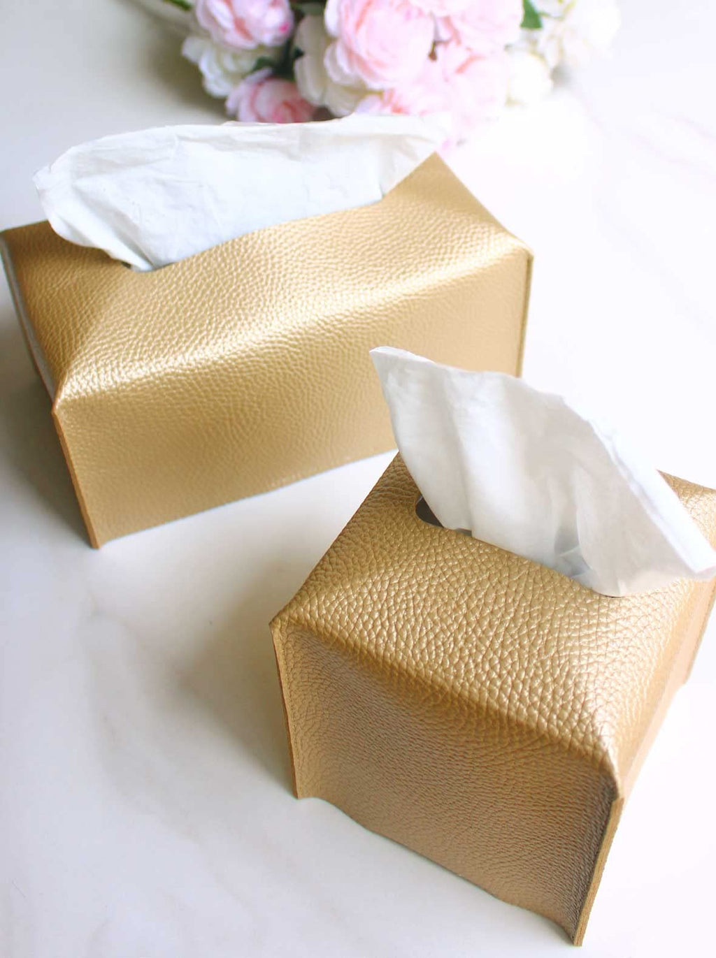 Gold Tissue Box Cover Leather – Tissue Holder with Bottom Belt by JESMINI, Decorative Aesthetic PU Leather Tissue Box Holder for Bathroom Home Office Decor