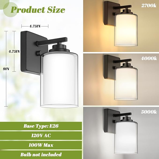 Set of 2 Wall Sconces for Bathroom, Modern Vanity Light Fixtures, Black