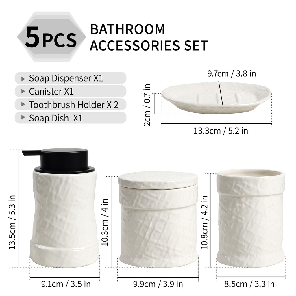 White Bathroom Accessory Set 5PCS, Ceramic Bathroom Accessories Set, Minimalist Textured Design Liquid Soap Dispenser Set Complete, Home Bathroom Decor Vanity Countertop, ANTIS'S HOME