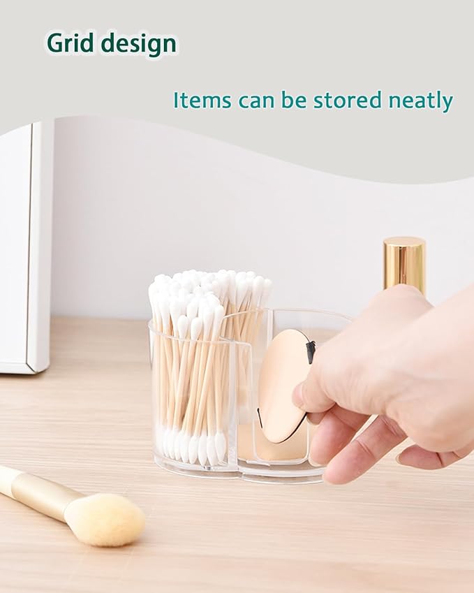 AkoSlale 2-in-1 Cotton Swab and Cotton Round Holder with Lid - Clear Plastic Dual Compartment Bathroom Vanity Organizer, Shatterproof Countertop Container for Makeup Pads & Skincare Storage