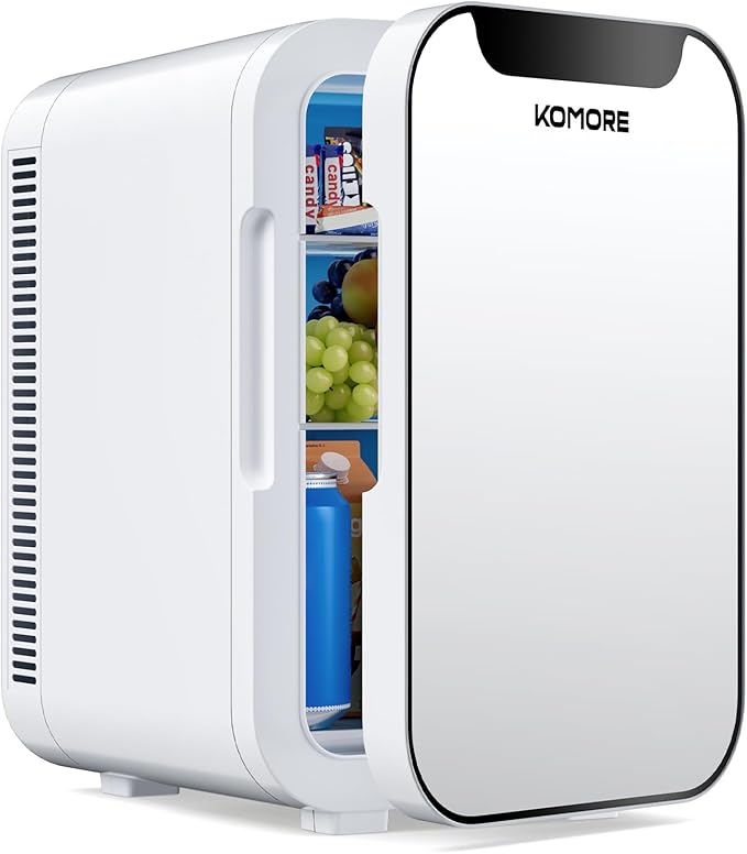 KOMORE Small Mini Fridge, 18L Portable Tiny Fridge for Skincare, 120V/12V Makeup Refrigerator Mini, Thermoelectric Cooler & Warmer for Drinks, Food, Cosmetics for Office/Dorm/Car/Travel, White