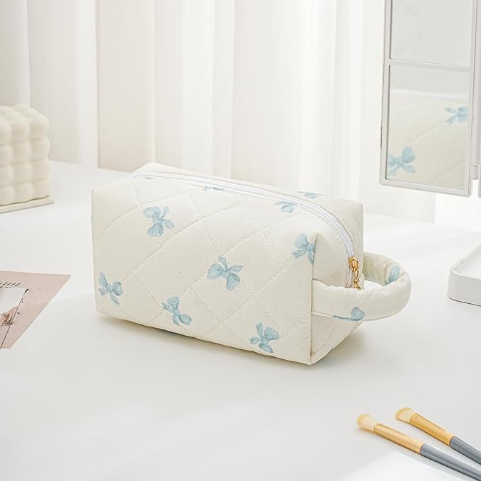 HHQQWZ Makeup Bag Travel Cosmetic Bag for Women, Zipper Make Up Pouch, Floral Flowers Toiletry Organizer Makeup with Handle, Cosmetic Travel Cloth Bag (Blue Bow Tie)