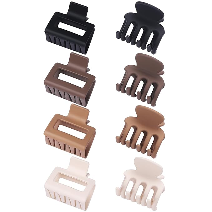 Medium Hair Clips Combination 2 Styles Small Claw Clips for Thin Hair 8 Pcs Matte Non-slip Rectangle Jaw Clips Square Hair Accessories for Women and Girls (Brown)