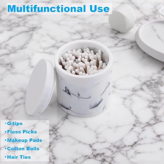 Cotton Swab Holder Round Qtip Holder with Lid, Bathroom White Marble Resin Cotton Ball Canister Jar Cosmetics Makeup Countertop Organizer Containers Canister Apothecary Jar Marblized