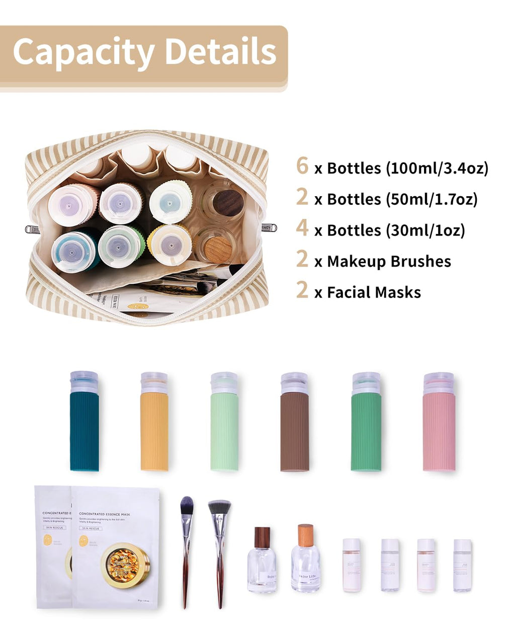 Narwey Striped Makeup Bag Travel Cosmetic Bag Organizer Toiletry Bag Make Up Bags with Compartments for Women Girls (Large,Brown Stripe)