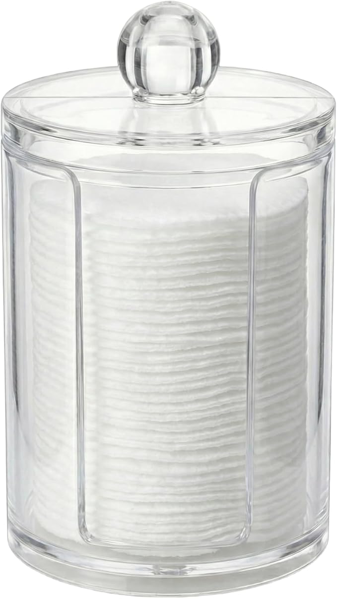 AkoSlale 10oz Cotton Round Holder with Lid - Clear Plastic Cotton Pad Dispenser for Bathroom Vanity, Shatterproof Countertop Organizer Apothecary Jar for Makeup Remover Pads & Skincare Routine