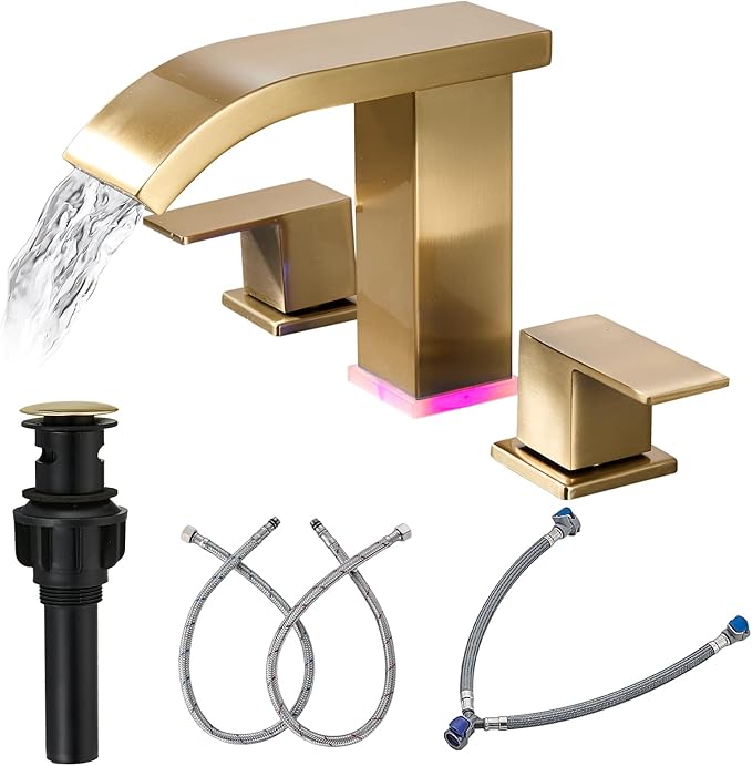 Brushed Gold Waterfall Bathroom faucets, 8 inch Widespread Modern Sink Faucet, Touch on 3 Hole 2 Handle Vanity,Gold Bathroom Sink Faucet with LED