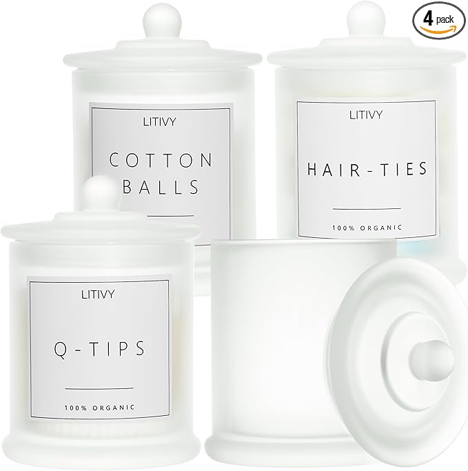 4 Pack Bathroom Organizers and Storage - 16 Oz Glass Qtip Holder & Cotton Pad Dispenser with Lid, Apothecary Jars for Home, Room Decor, Kitchen Organizer (Frosted White)