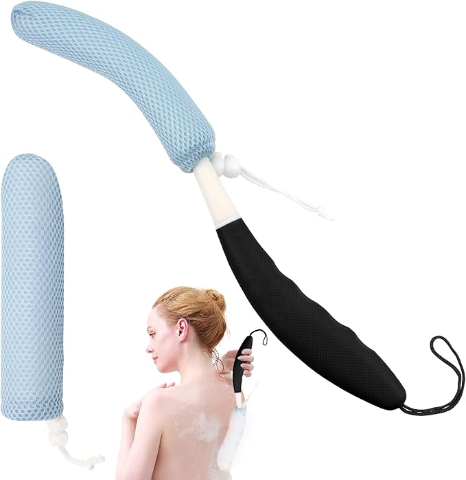 KkaFFe 15.35" Back Bath Brush with Sponge,Back Scrubber Bath Mesh with Curved Long Handle Bath Body Brush for Elderly Aid Bathing and Shower