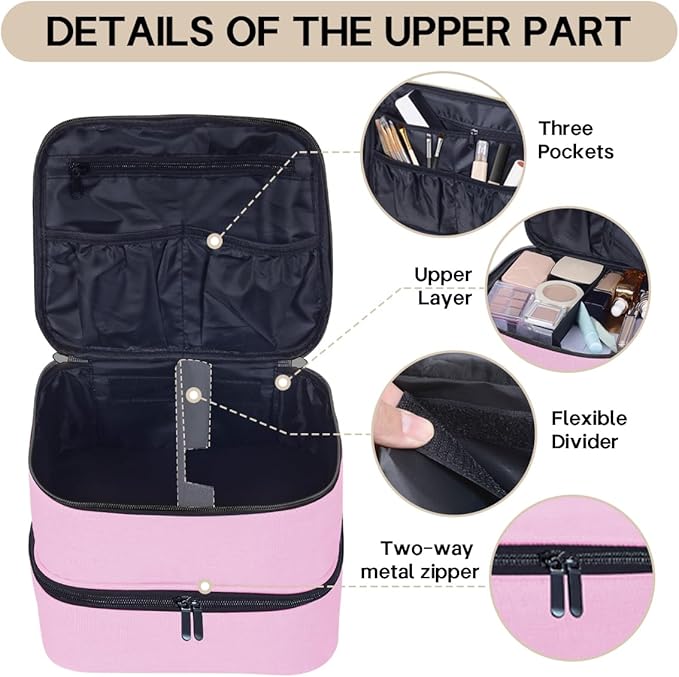 TANPADUAJI Double Layer Makeup Bag Portable Large Cosmetic Case Organizer with Adjustable Dividers Storage Travel Bag for Accessories Brushes Conditioner and Skin Care Products (Pink)