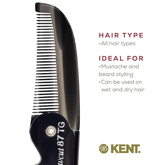Kent 87T Black Graphite Handmade Folding Pocket Comb for Men, Fine Tooth Hair Comb Straightener for Everyday Grooming Styling Hair, Beard or Mustache, Saw Cut Hand Polished, Made in England (2 Pack)