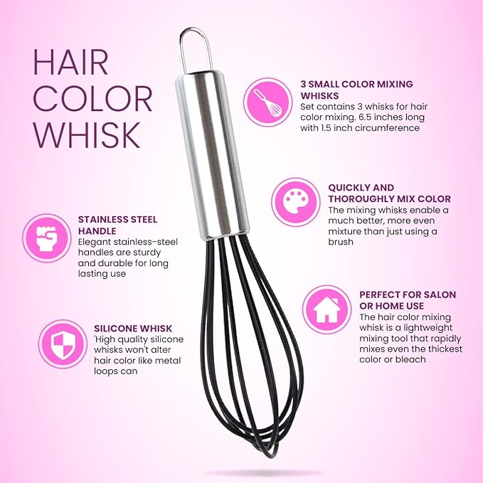 Hair Color Whisks - 3 Silicone Hair Dye Mixers with Stainless Steel Handles