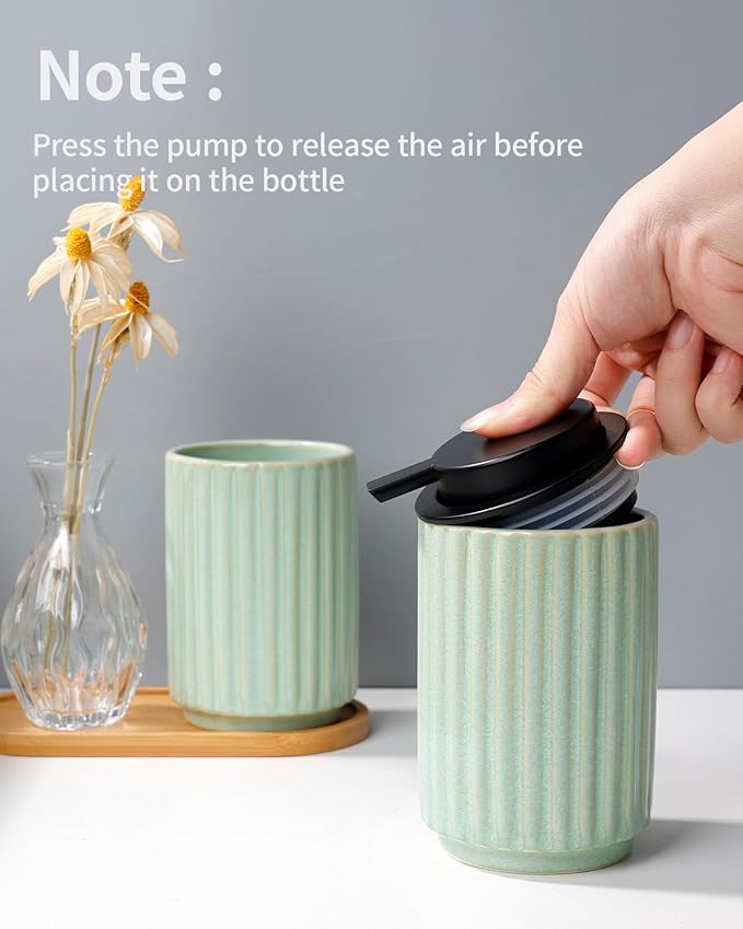 Foaming Soap Dispenser, Green Ceramic Refillable Foam Hand Soap Pump for Bathroom Kitchen, 10.5OZ Lotion Dispenser, Foaming Dish Soap Dispenser, Modern Stripe Design, ANTIS'S HOME