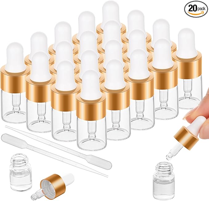 COTOM 20 Pack Mini Dropper Bottle for Cuticle Oil, 2ml Small Sample Essential Oil Dropper Bottles for Travel, Clear Empty Vails for Cosmetic Perfume